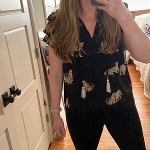 THML Black Animal Leopard Print Short Ruffle Flutter Sleeve Blouse Size Smalll